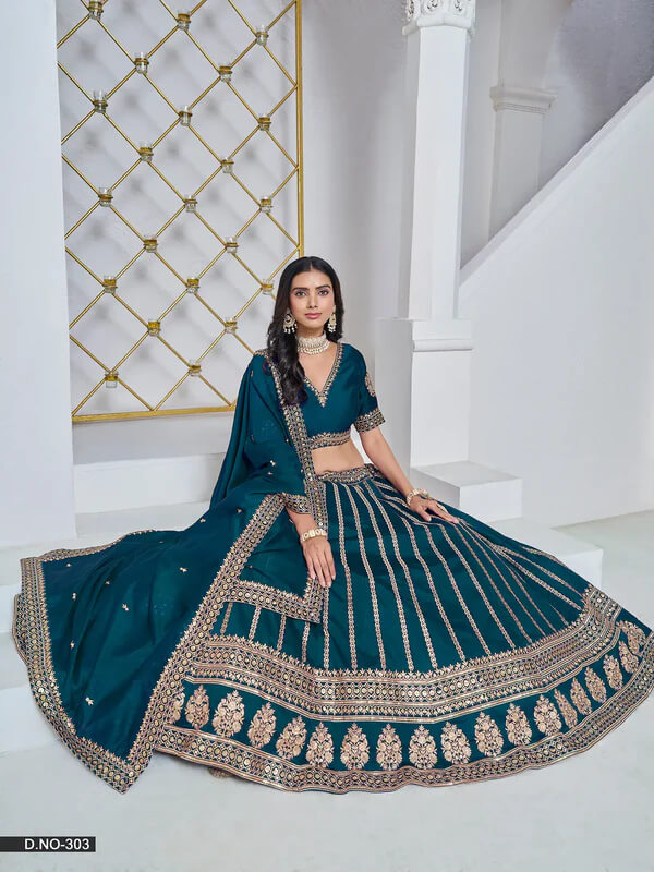 Dark Teal Art Silk Lehenga Choli with Thread & Sequins Work