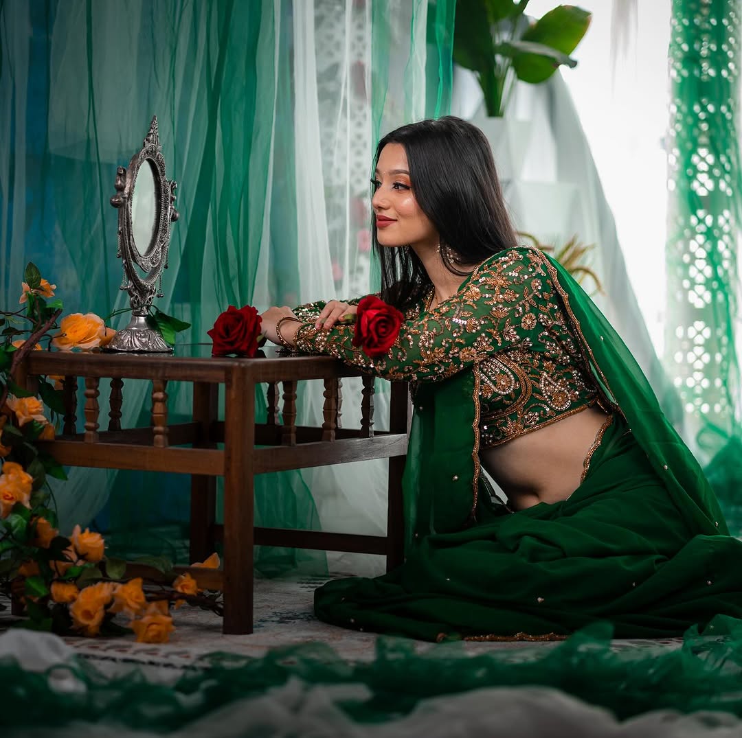 Bottle Green Hand Embroidered Organza Silk Saree