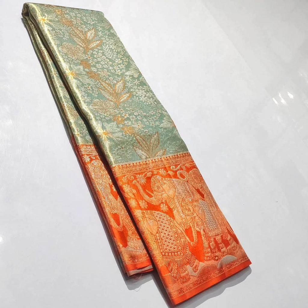 Pista Green Kanchipuram Handloom Tissue Brocade Meenakari Silk Saree