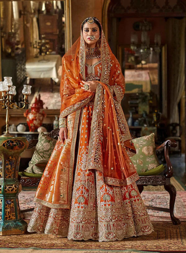 Designer Orange Lehenga Choli with Heavy Embroidery & Pearls