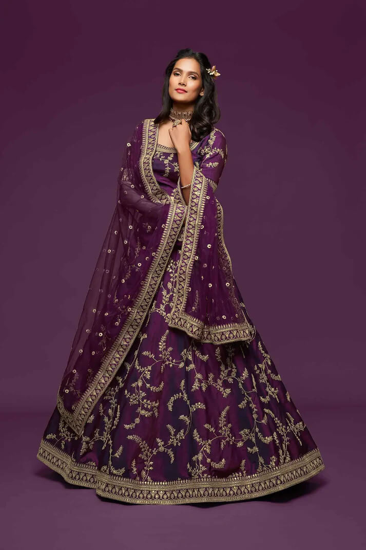 Wine Silk Lehenga with Thread, Zari & Sequins Work
