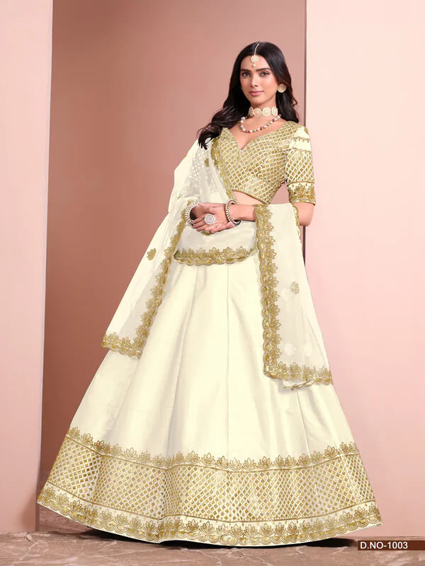 Off White Art Silk Lehenga with Paper Mirror & Embroidery