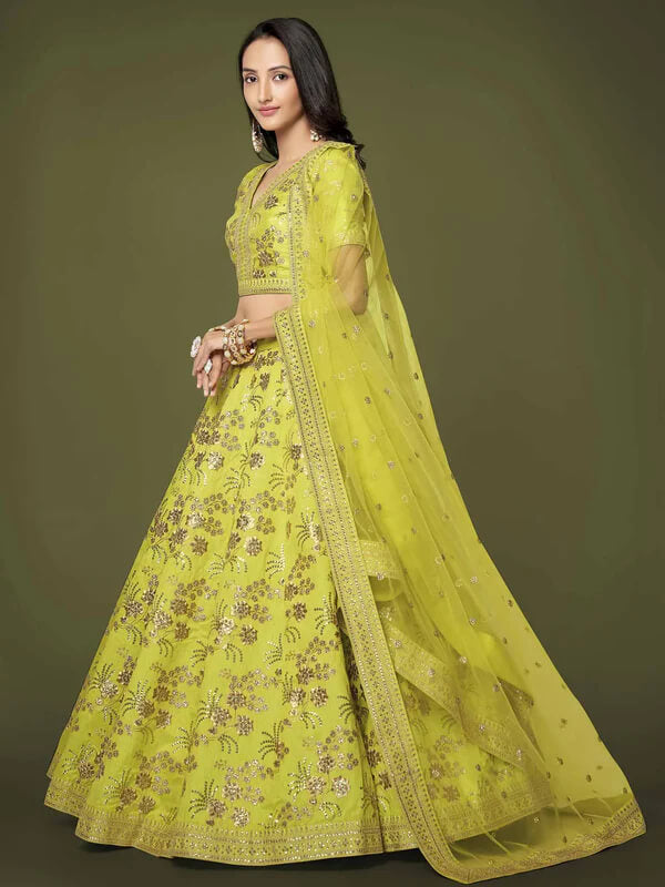 Neon Silk Lehenga with Zari, Sequins & Dori Work