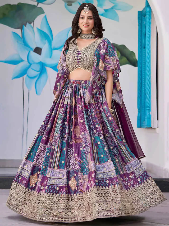 Purple Digital Print Lehenga with Choker Dupatta