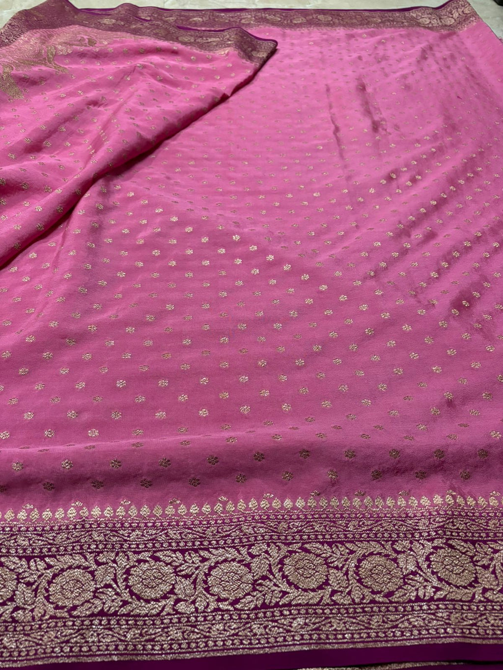 Bubblegum Pink Banarasi Handloom Antik Zari Georgette Crepe Silk Saree