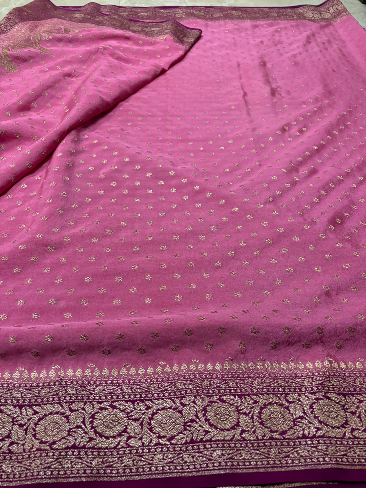 Bubblegum Pink Banarasi Handloom Antik Zari Georgette Crepe Silk Saree