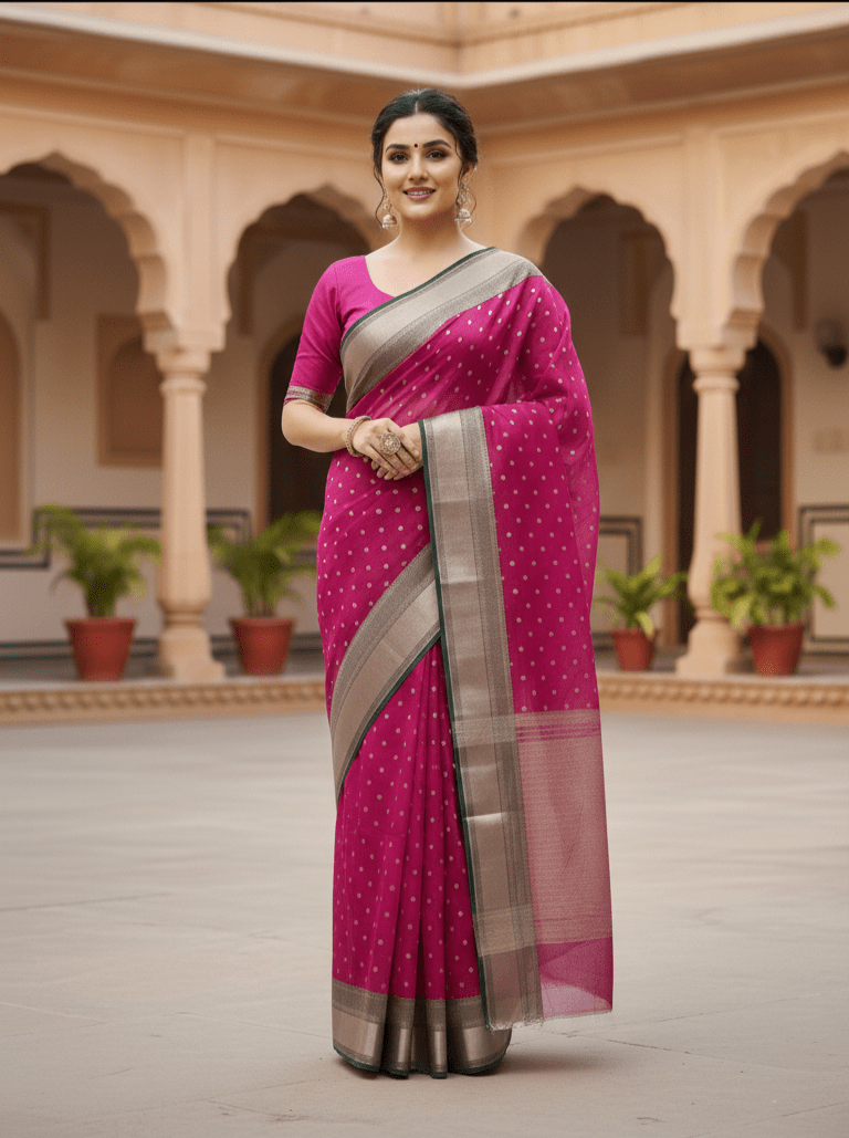 Onion Pink Chanderi Handloom Katan Silk Handwork Saree