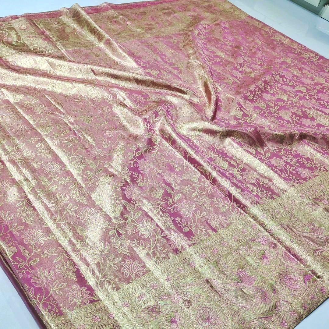 Baby Pink Kanchipuram Handloom Tissue Brocade Silk Saree