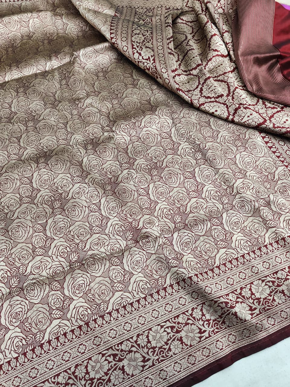 Wine Banarasi Handloom Katan Silk Brocade Saree