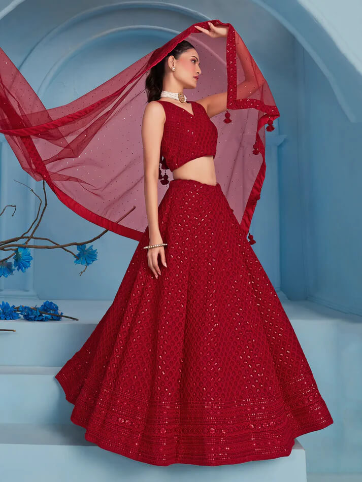 Red Party Wear Lehenga with Sequins & Dupatta