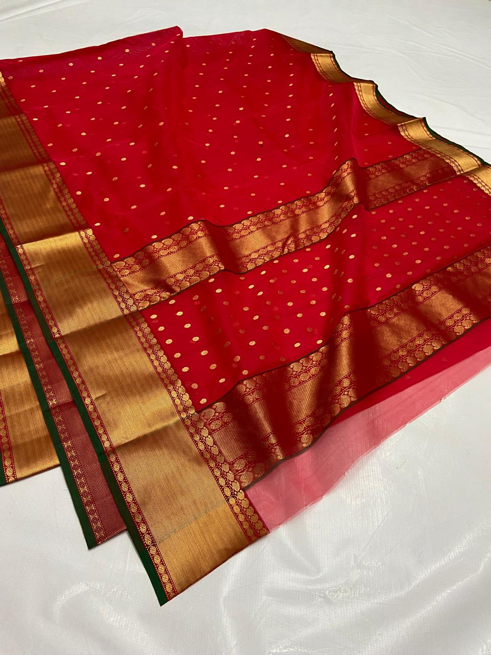 Red Chanderi Handloom Katan Silk Nakshi Saree