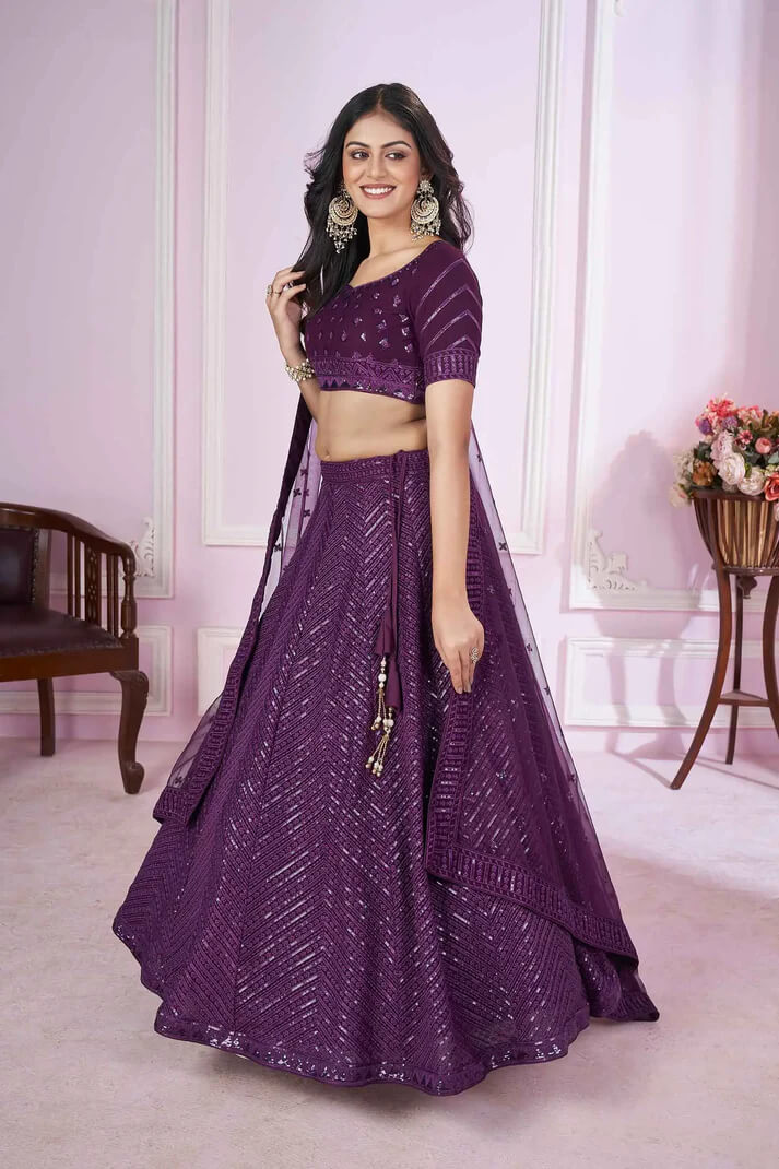 Purple Georgette Lehenga with Sequins & Thread Embroidery