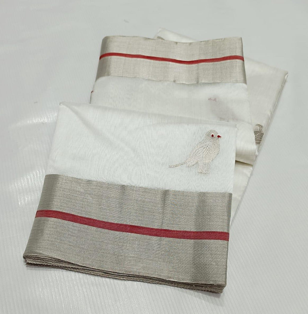 Pearl White Chanderi Handloom Pattu Silk Meenakari Saree