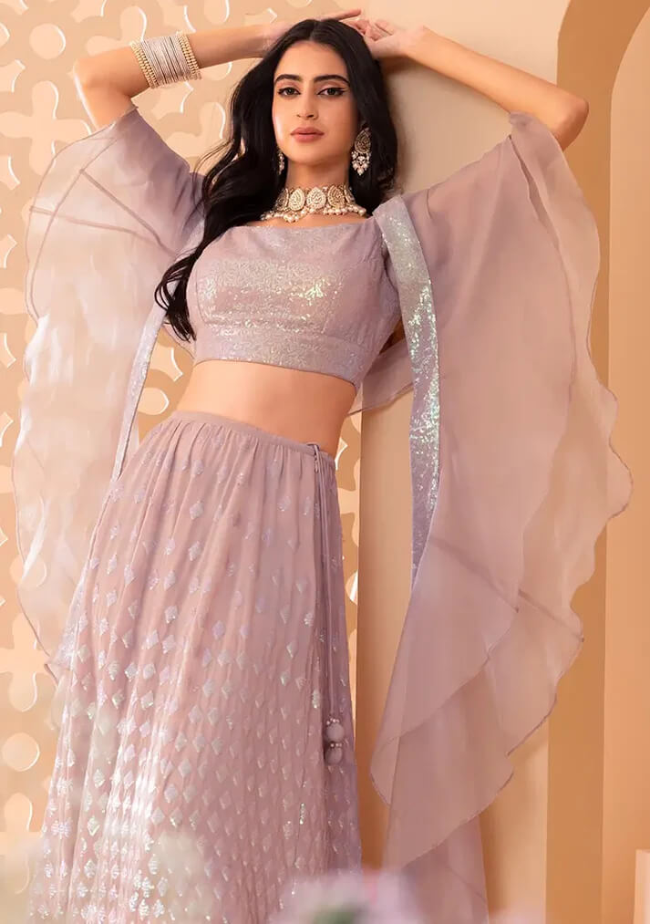 Mauve Pink Party Lehenga with Sequins & Ruffle Dupatta