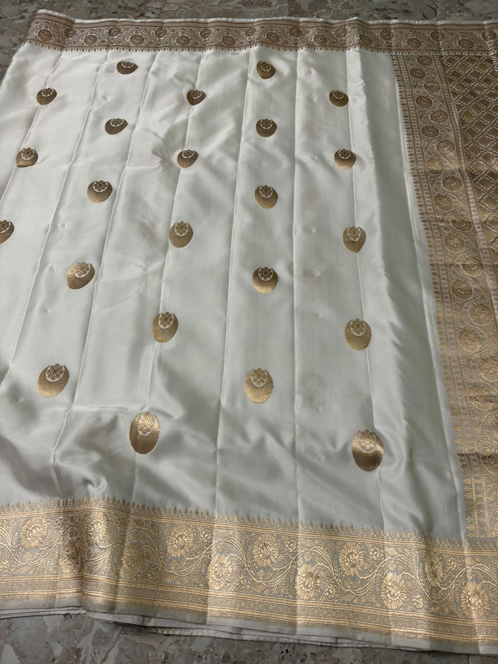Pearl White Banarasi Handloom Mashru Silk Chand Tara Saree