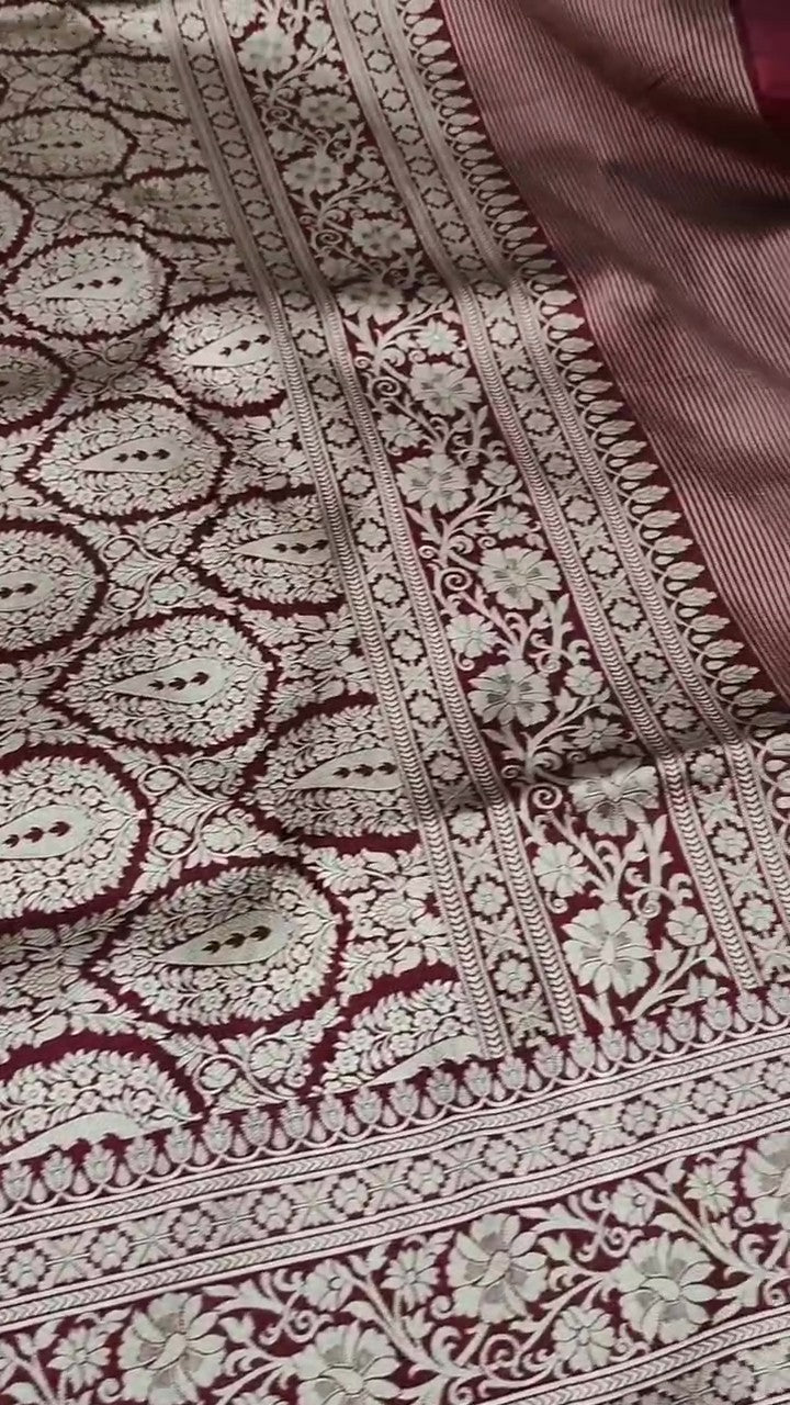 Wine Banarasi Handloom Katan Silk Brocade Saree