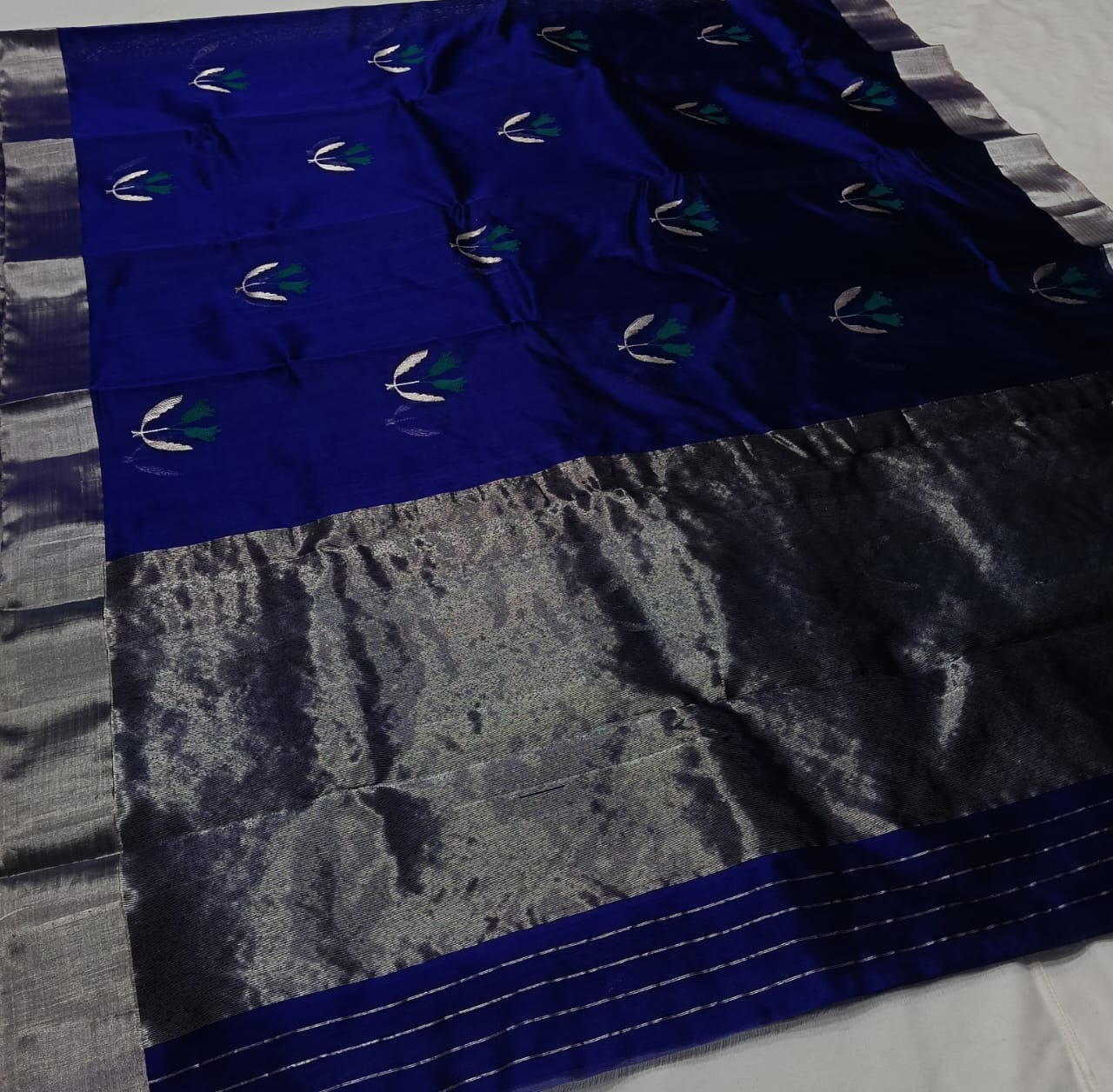 Blue Chanderi Handloom Pattu Silk Eknal Buttas Meenakari Saree