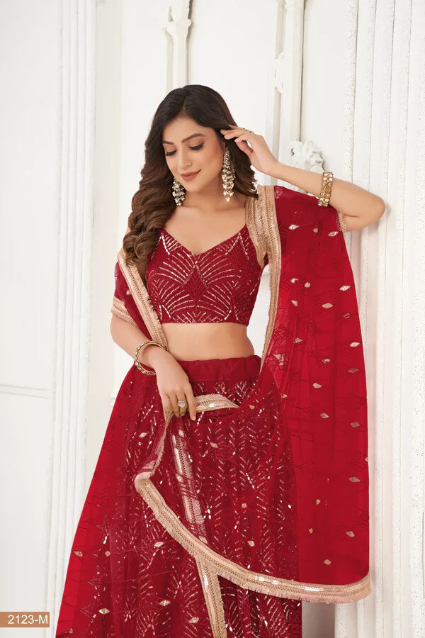 Graceful Maroon Net Lehenga with Sequins