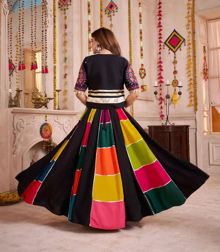 Black Multi Color Patch Work Lehenga with Mirror Jacket