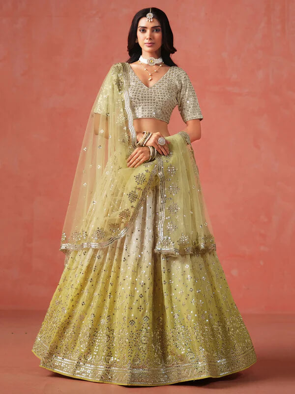 Yellow-Beige Gradient Georgette Lehenga with Zari & Sequins