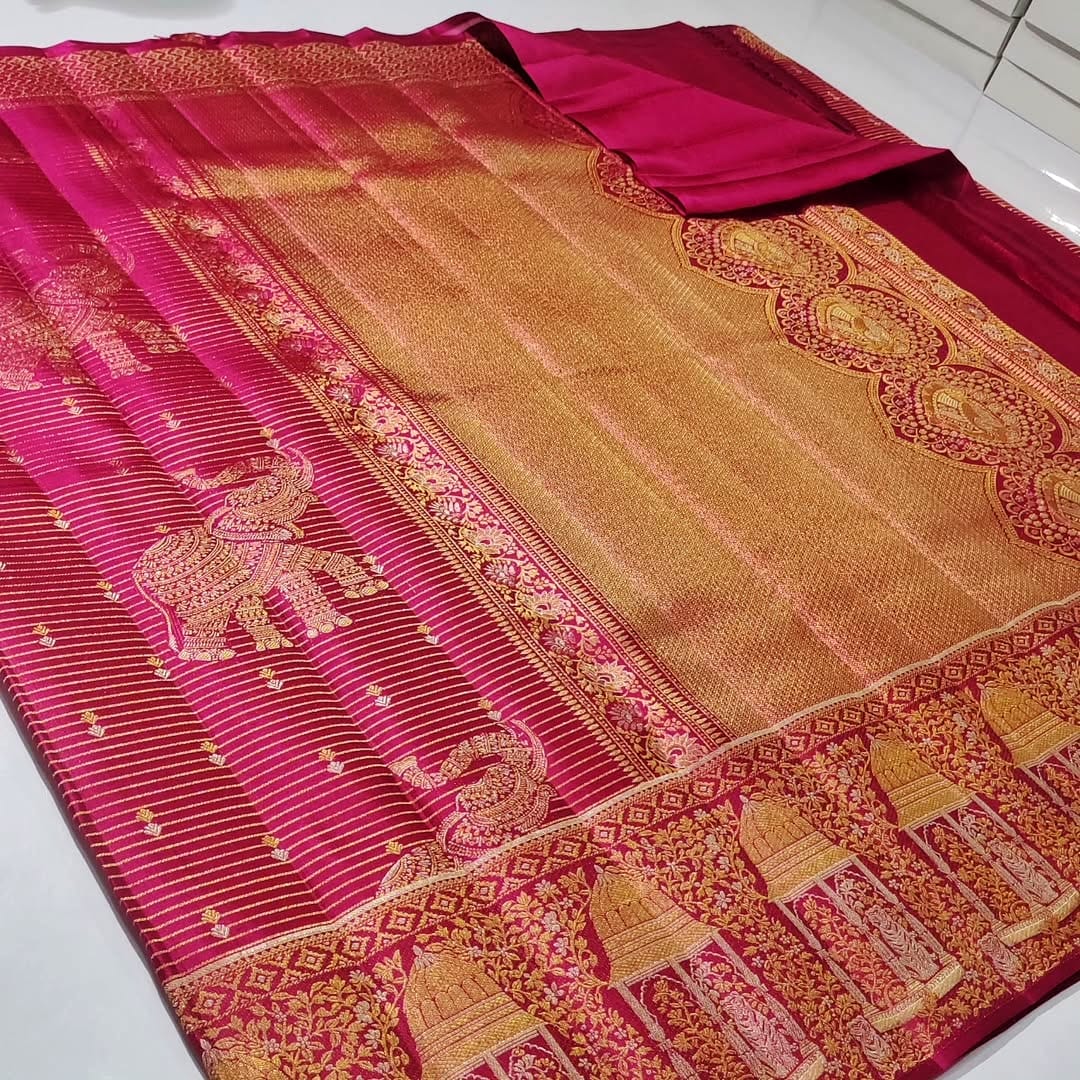 Mørkelyserød Kanchipuram håndvævet vævsbrokade Meenakari silkesari