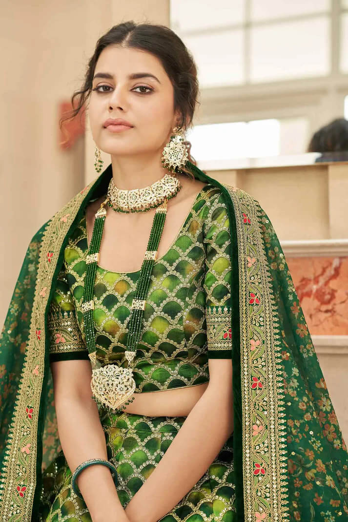 Green Lehenga with Thread, Zari & Sequins Work