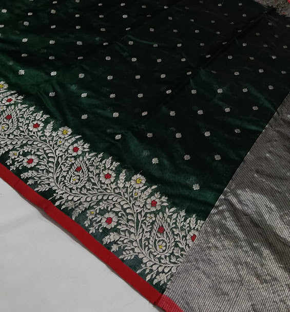 Bottle Green Chanderi Handloom Pattu Silk Meenakari Saree