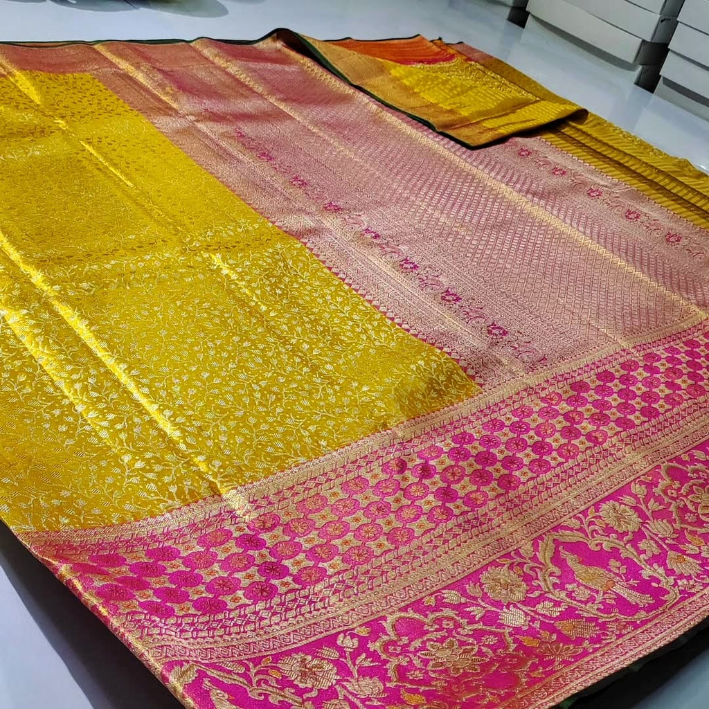 Golden Yellow Kanchipuram Handloom Tissue Brocade Meenakari Silk Saree