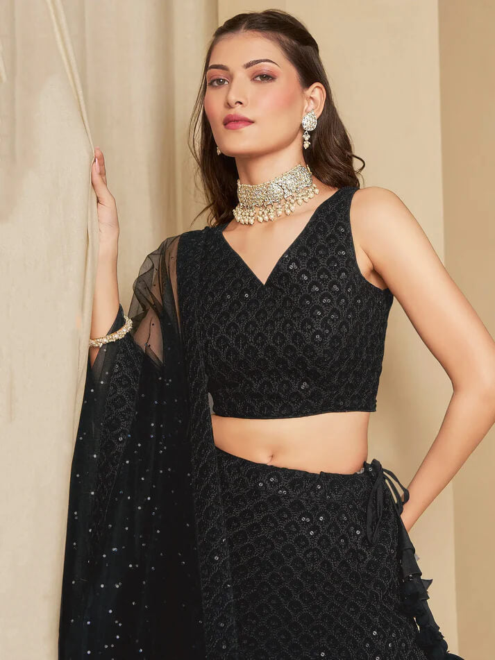 Black Party Wear Lehenga with Sequins Embroidery