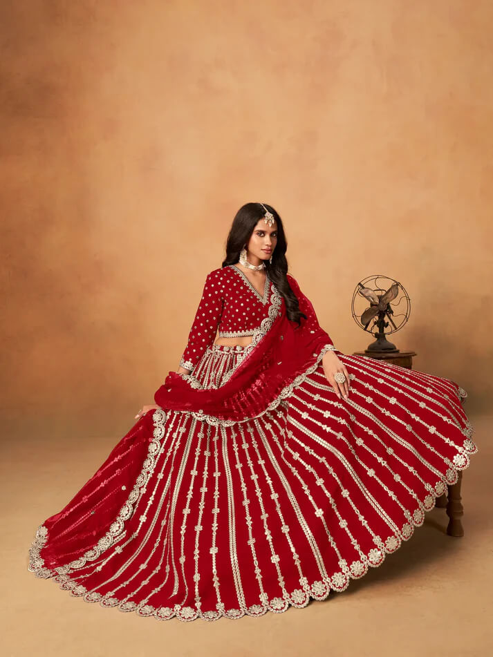 Red Art Silk Lehenga with Mirror & Embroidery Work