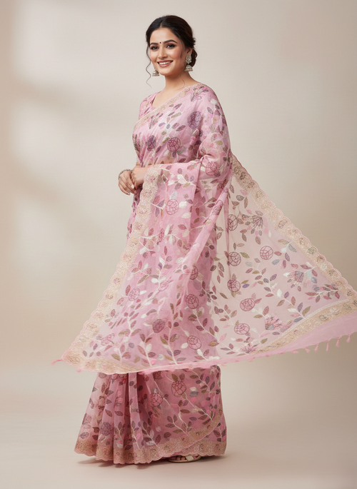 Baby Pink Banarasi Handloom Tissue Silke Paithani broderi Saree