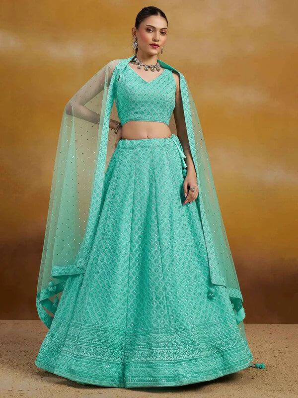 Sky Blue Designer Lehenga with Sequins & Dupatta