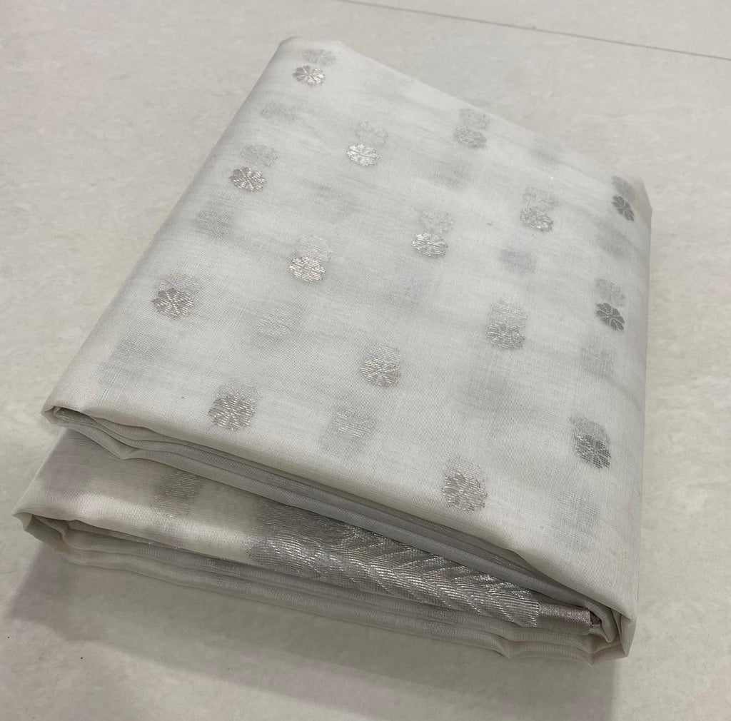 Pearl White Chanderi Handloom Katan Silk Saree