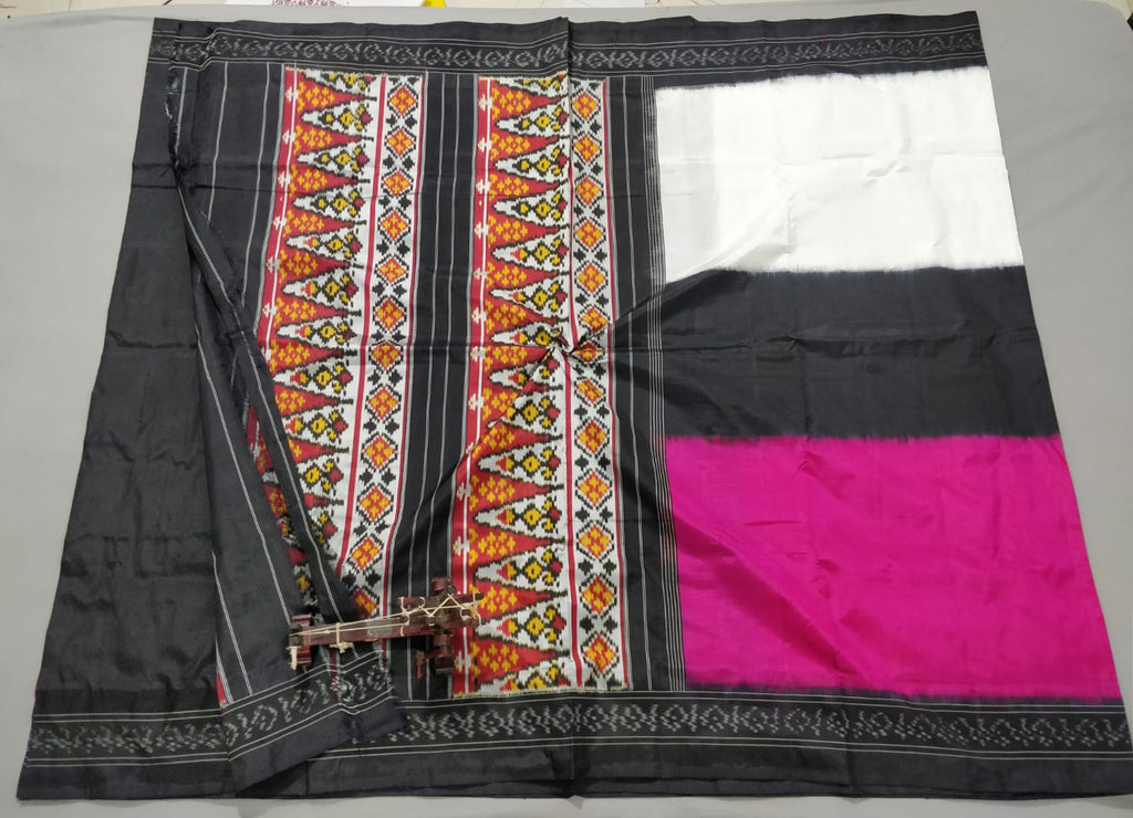 Hot Pink, White & Black Pochampally Handloom 3D Ikkat/Ikat Silk Saree