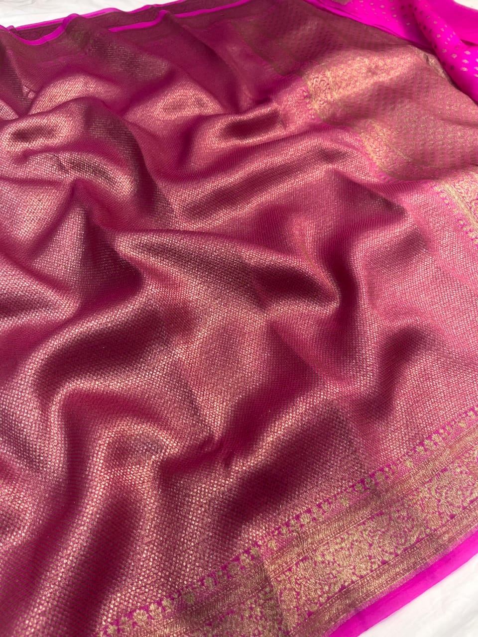 Hot Pink Banarasi Handloom Kora Organza Silk Saree