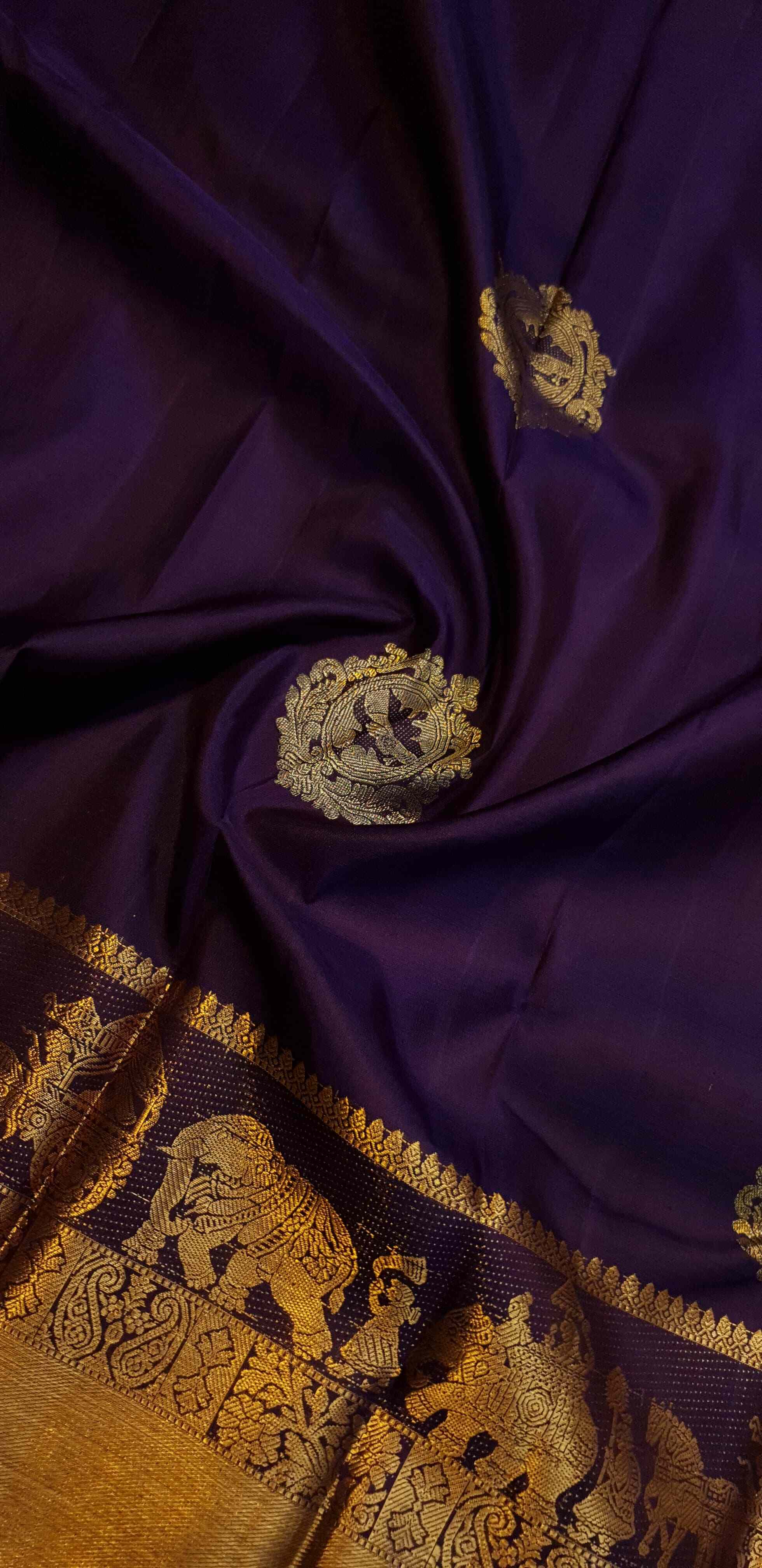 Indigo Kanchipuram Handloom 2G Gold Pattu Silk Saree