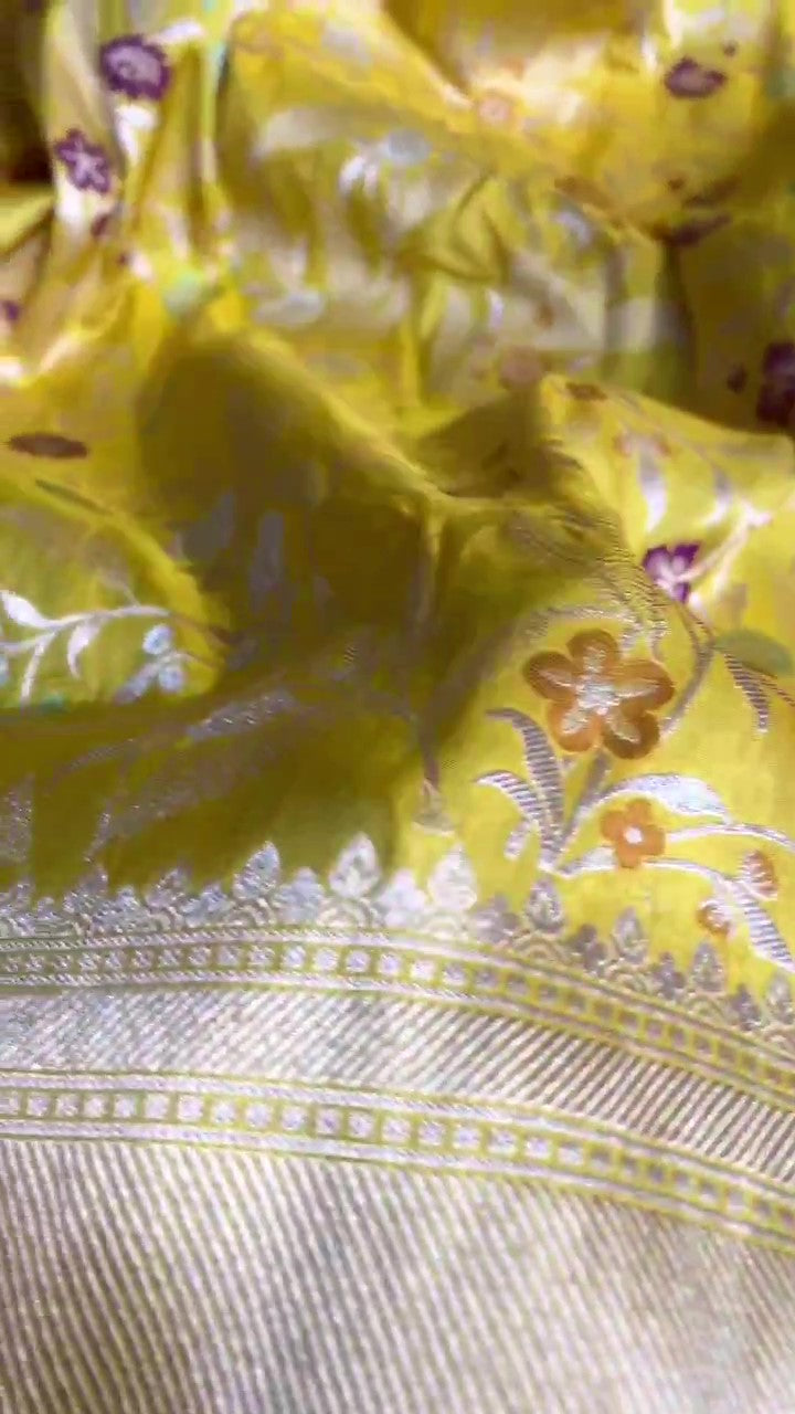 Golden Yellow Banarasi Handloom Katan Silk Meenakari Saree