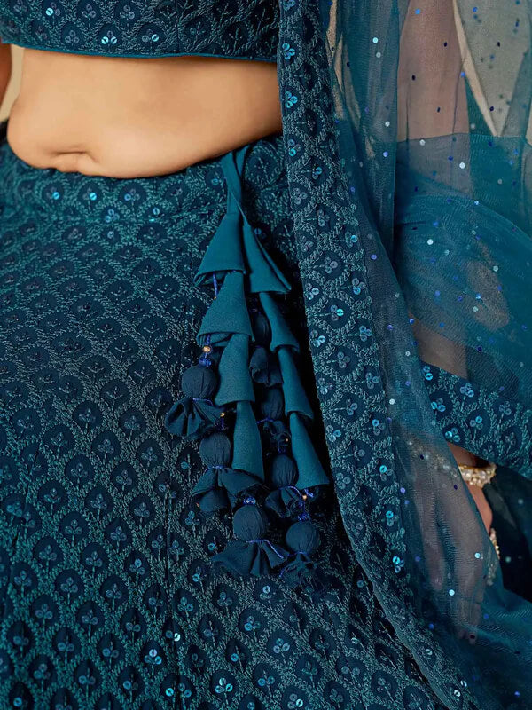 Teal Blue Georgette Lehenga with Sequins Embroidery