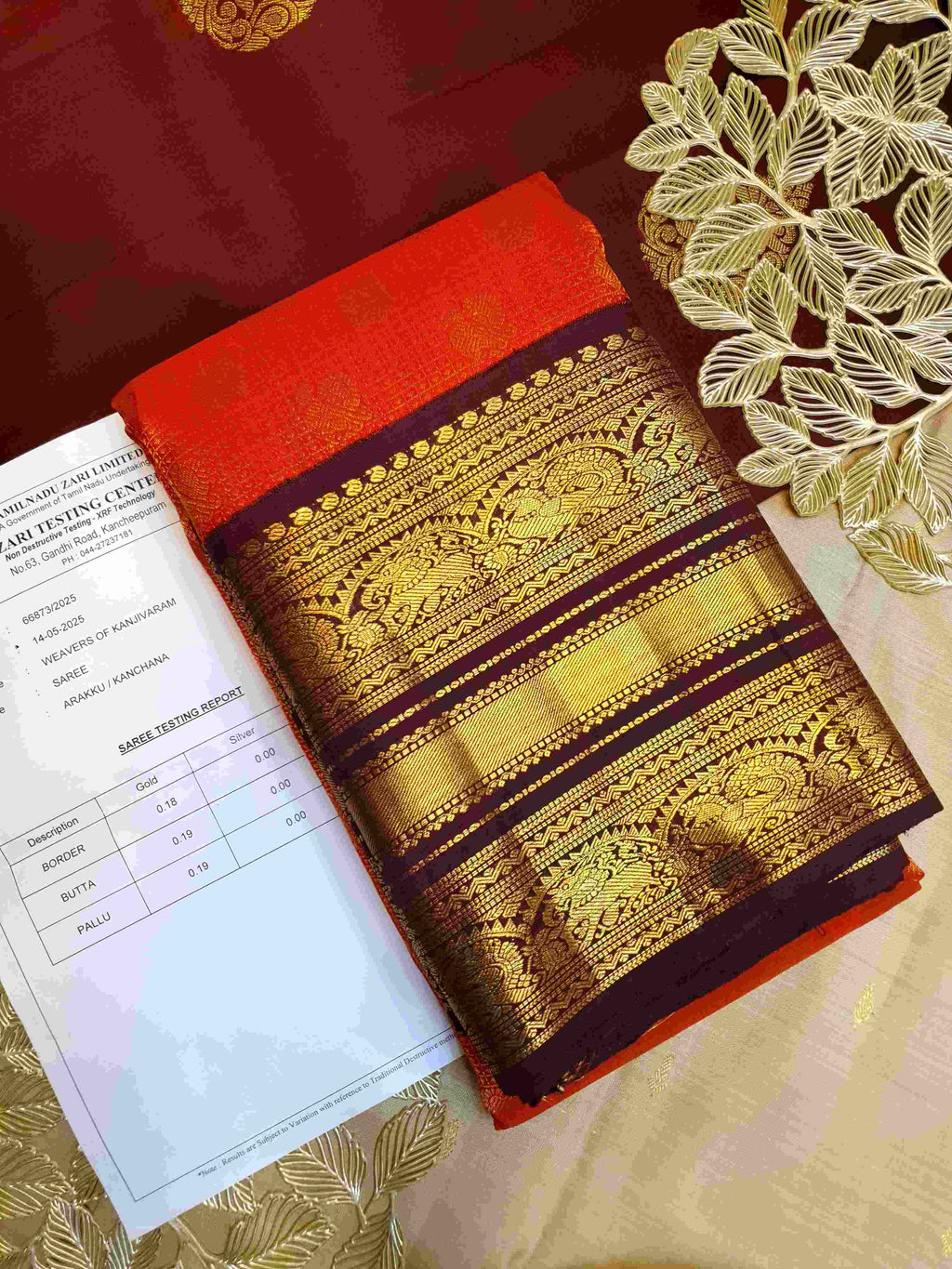 Chilly Red Kanchipuram Handloom 2G Pure Gold Vairaoosi Pattu Silk Saree