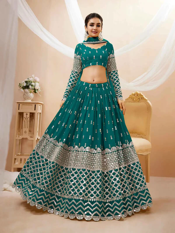 Teal Blue Sequins & Zari Embroidered Georgette Lehenga