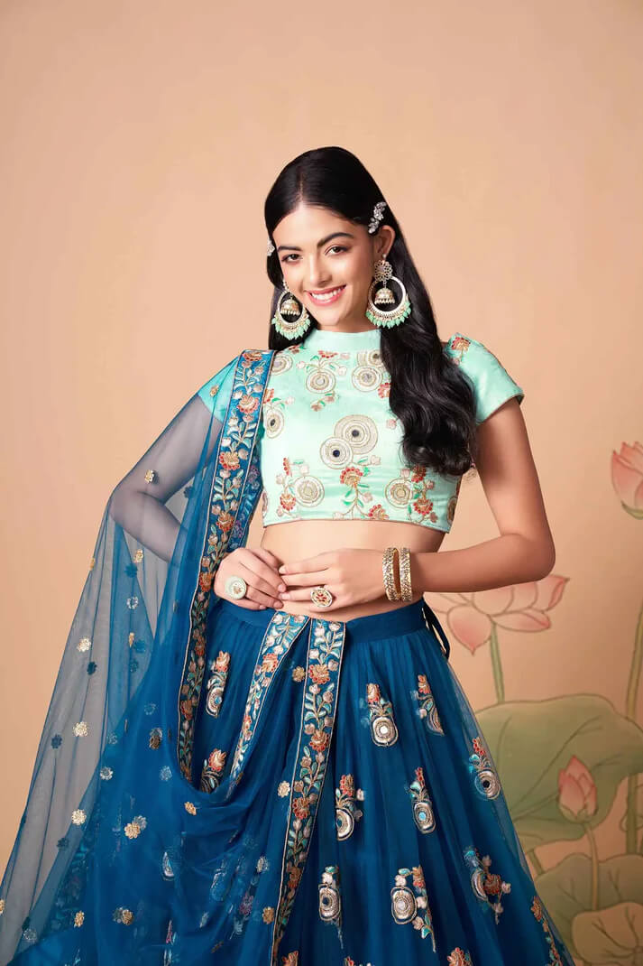 Dove Blue Net Lehenga with Zari, Sequins & Mirror Work