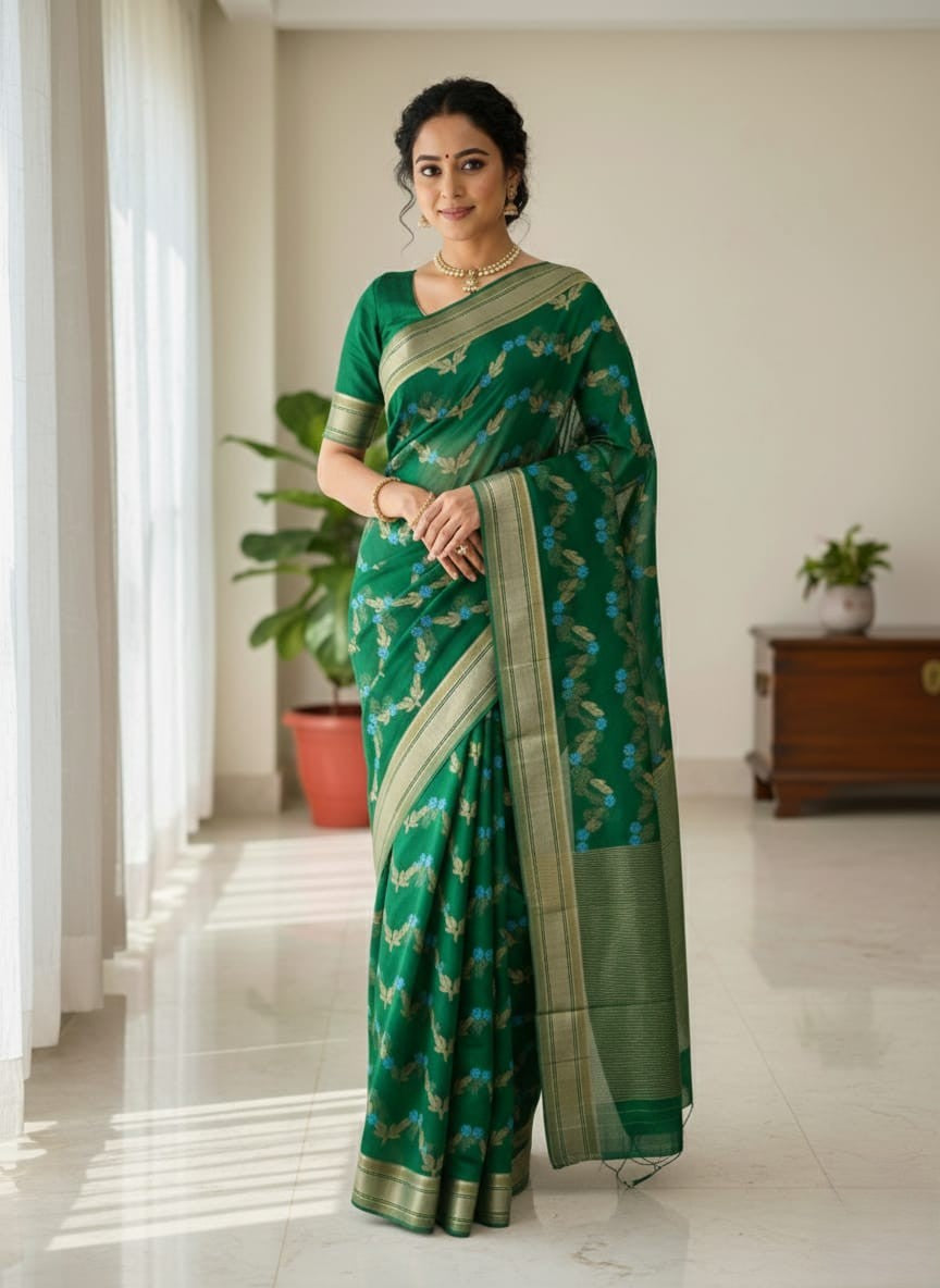 Grøn Chanderi Håndvævet Pattu Silk Meenakari Saree