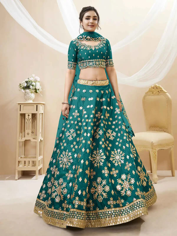 Green Art Silk Lehenga with Sequins & Zari Embroidery
