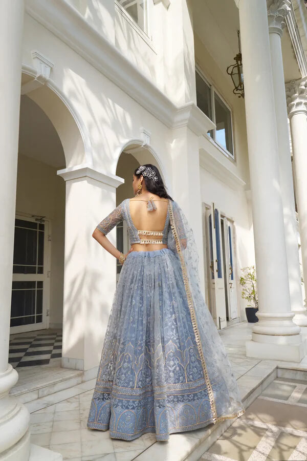 Stylish Blue Grey Net Lehenga Choli with Thread Work