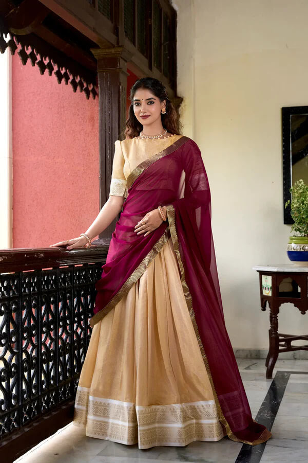 Beige Kanchipuram Silk Lehenga Choli with Elegant Zari Work