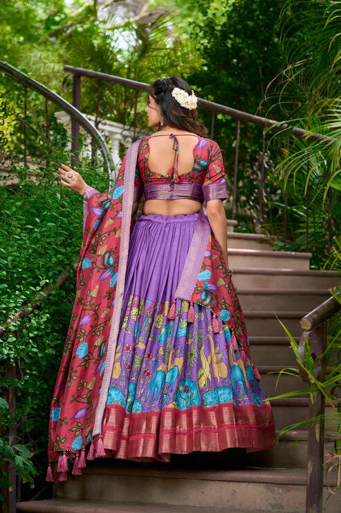 Lavender Silk Lehenga with Traditional Kalamkari Prints and Zari Weaving
