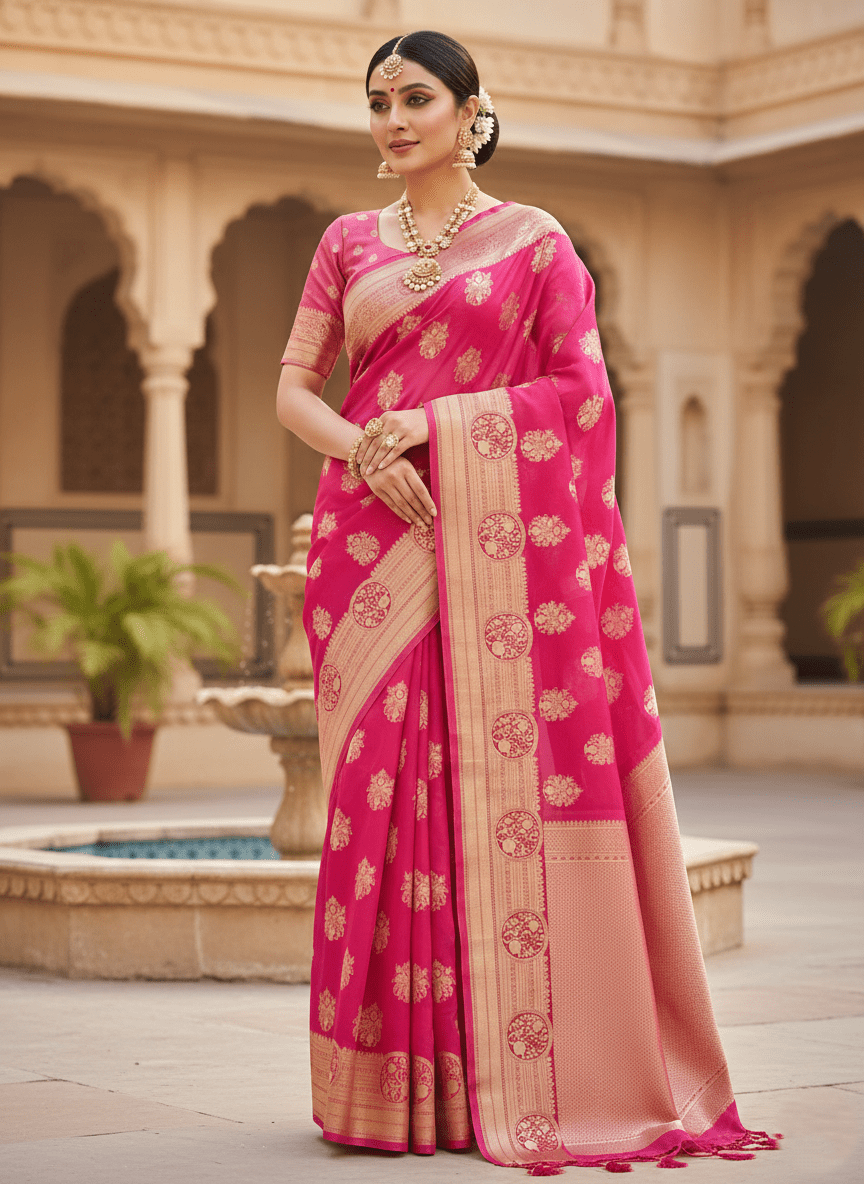 Hot Pink Banarasi Handloom Kora Organza Silk Saree