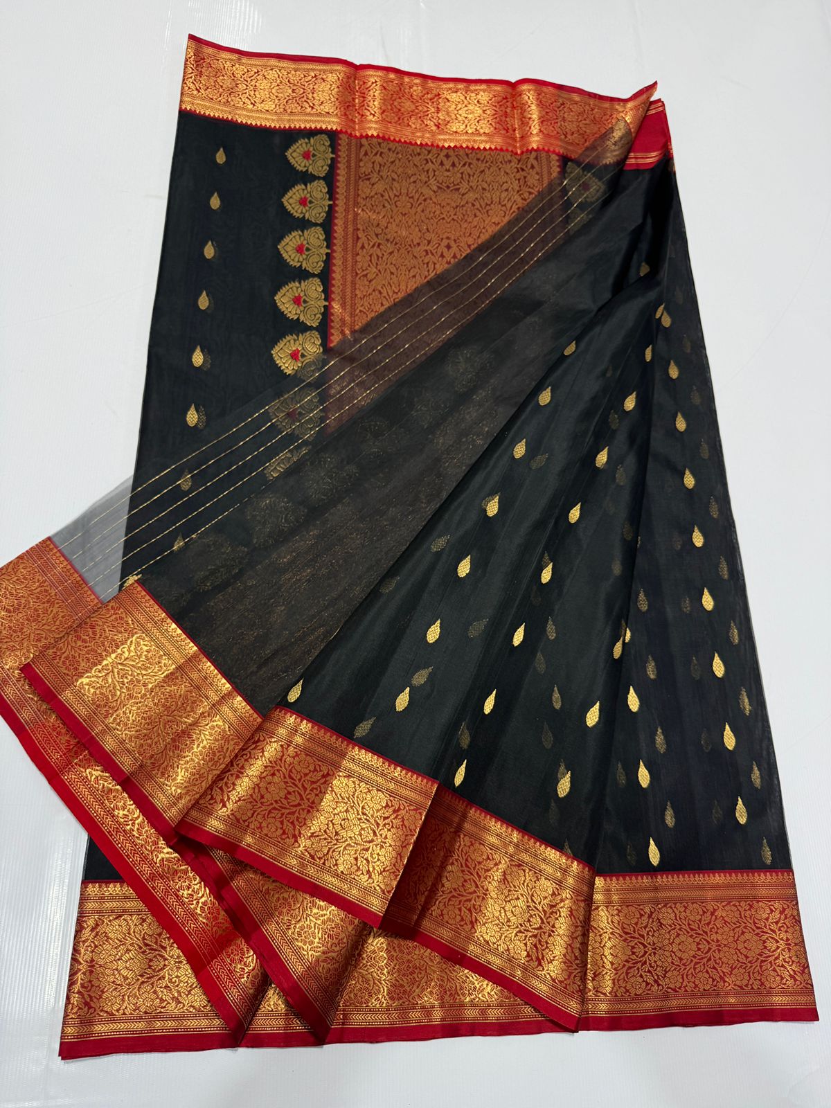 Black Chanderi Handloom Katan Silk Meenakari Saree