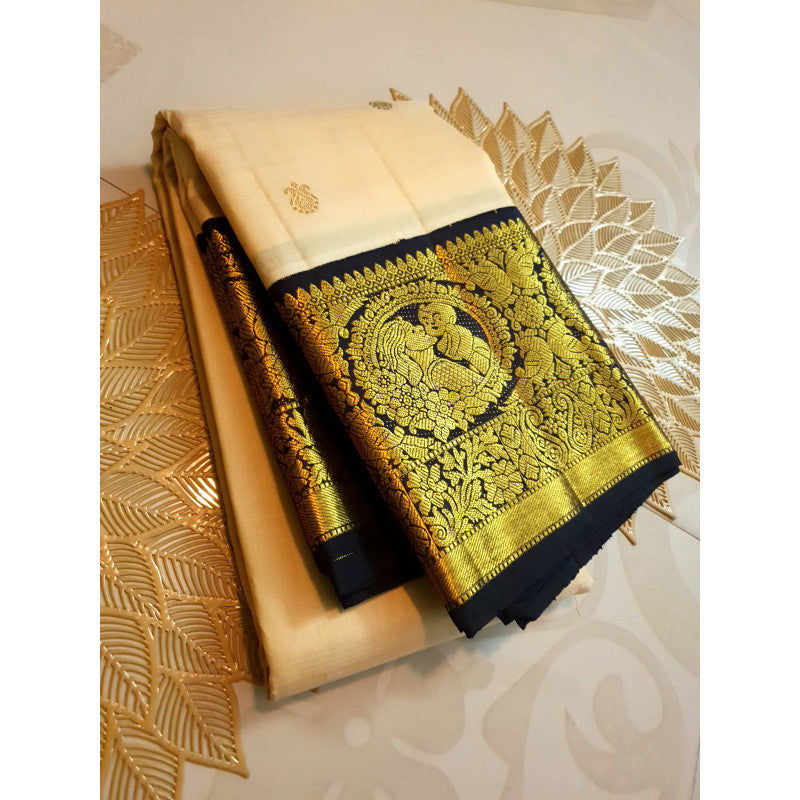 Cream Kanchipuram Handloom 2G Gold Baby Shower Korvai Silk Saree