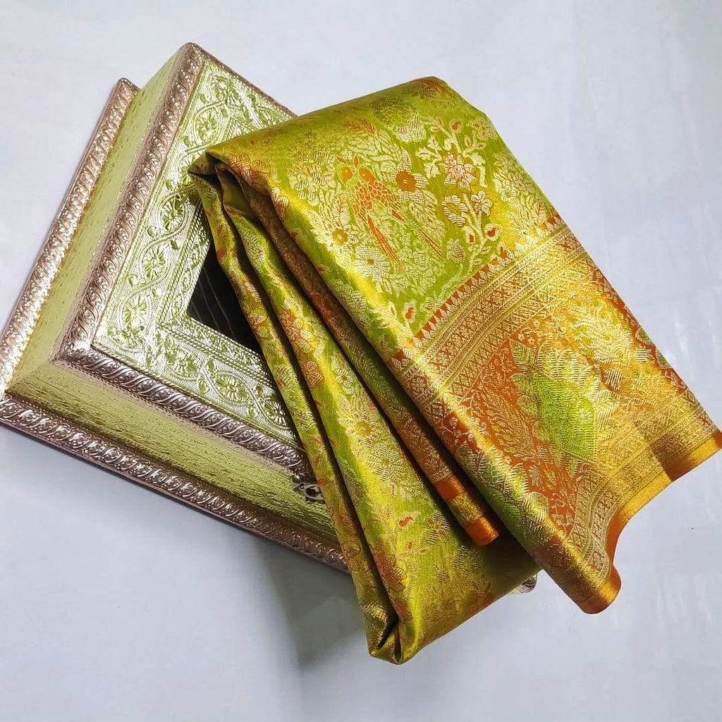 Lime Green Kanchipuram Handloom Tissue Brocade Meenakari Silk Saree